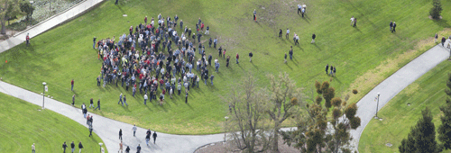 Arial photo of people gathering at SLAC