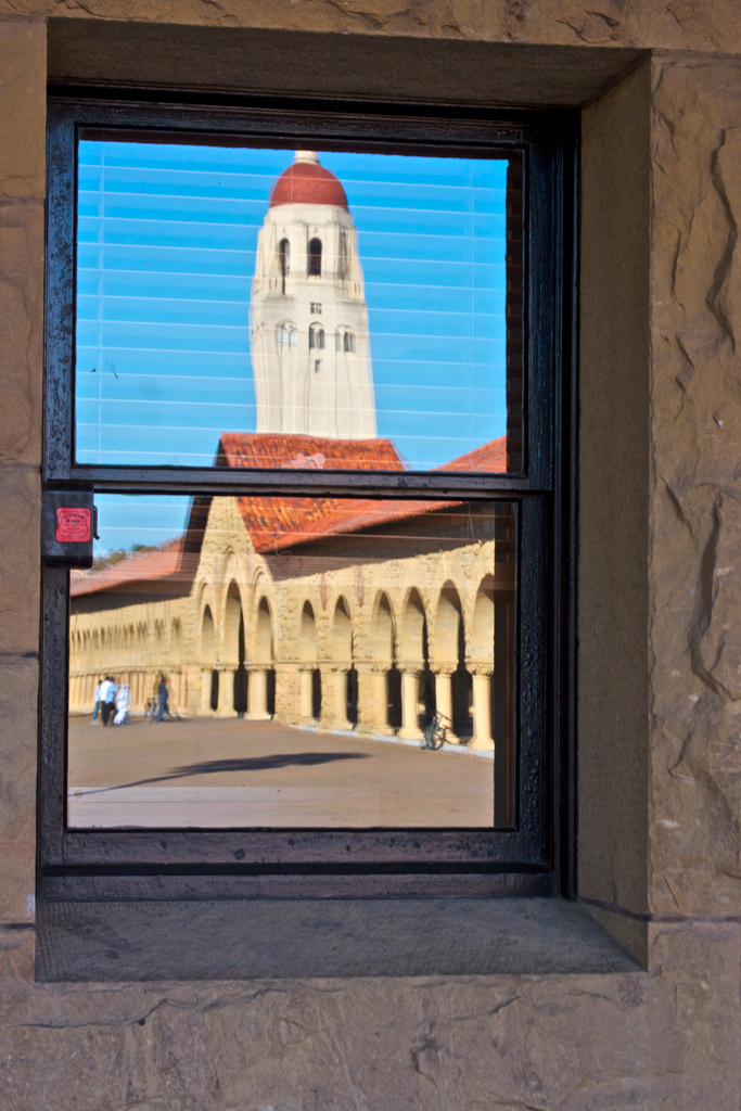 Hoover Tower reflected in Quad window