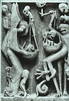 The weighing of souls, detail from a Last Judgment tympanum at Autun  Cathedral (Burgundy, France), c. 1130.  