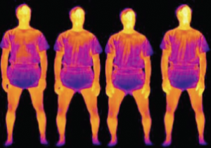 A time series of infra--red thermography images taken at 1 minute intervals show hand temperature rising (as indicated by the lighter colors)