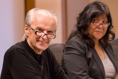 Eamonn Callan, professor of education presents the annual report of the Committee on Graduate Studies to the Faculty Senate while Laura Remillard of the Registrar's Office looks on./Photo: L.A. Cicero