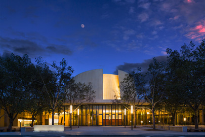 Exterior of the Bing Concert Hall at night/Photo: Jeff Goldberg