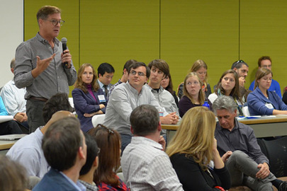 Mitchell Stevens with mic speaking to Education's Digital Future class./Photo: Chris Wessleman/Stanford School of Education