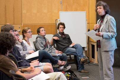 Senior Lecturer Linda Hess teaching her course on religious perspectives on war and peace./Photo: L.A. Cicero