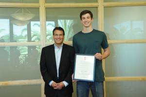 Howard Wolf, president of the Stanford Alumni Association, and senior Jack Trotter, winner of the 2012 Sterling Award.