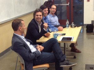 Actor Mark Ruffalo, second from left, visited Stanford to discuss renewable energy with faculty and students