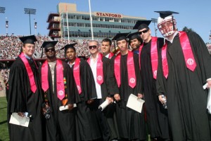 Stanford Football players Ben Muth, Anthony Kimble, Pat Maynor, Alex Fletcher, Aaron Zagory, Thaddeus Chase Jr., and Gustav Rydstedt at the 2008 Commencement 