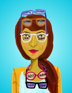 Quirky illustration of a female SLS student, with text descriptors: entrepreneur, systems designer, law student, policy maker, computer programmer